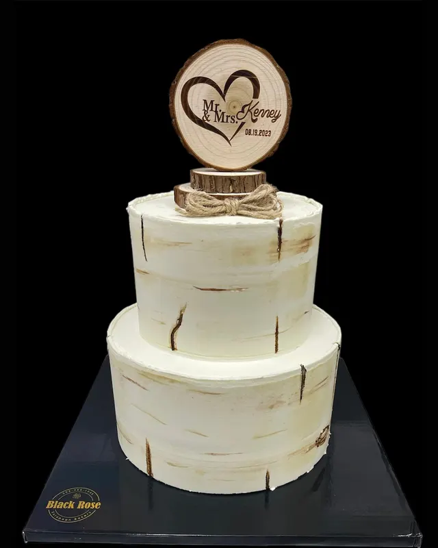 Two-tier birch bark style wedding cake
